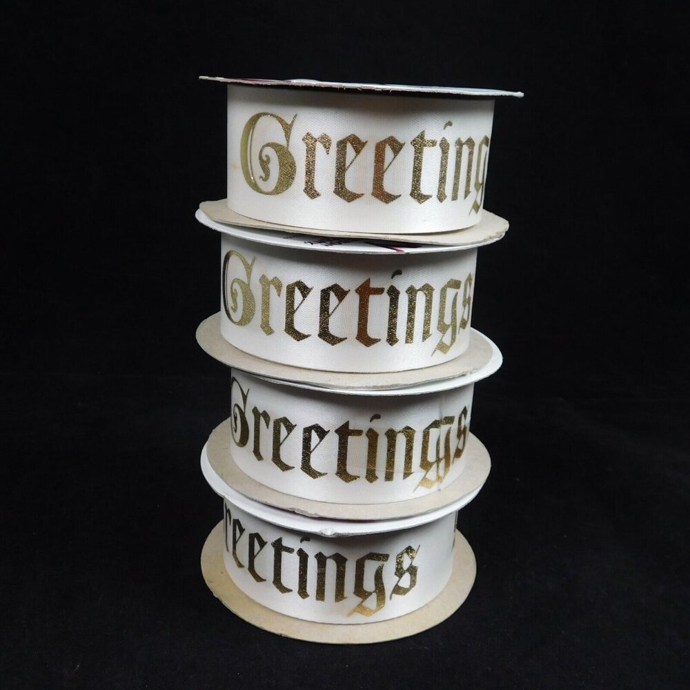 4 Christmas Crafting White Ribbon Gold Word Greetings 1.375" x 25 Yards Sociable